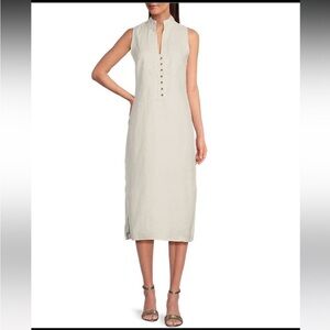 SAIL to SABLE Metallic Linen Stand Collar
Sleeveless Side Slit Midi Shirt Dress